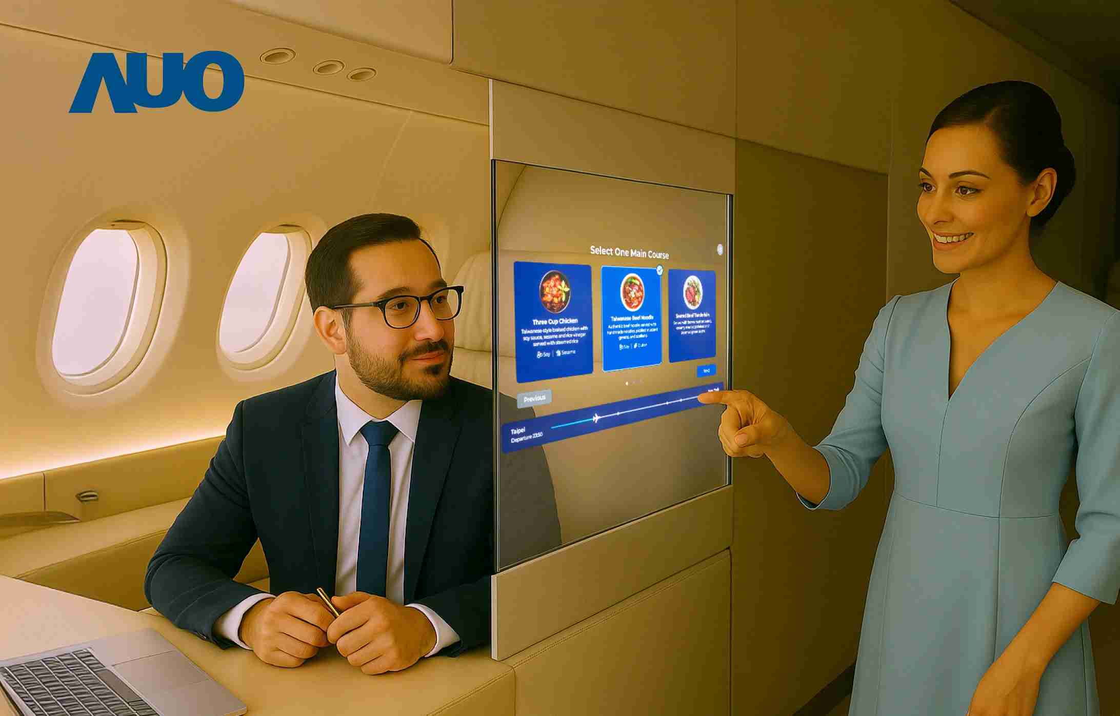 开云电子研发全球最薄17.3 吋双面透明 Micro LED 显示器，，可在同一屏幕之双边投射不同信息，，，，创造独特的”透明化”互动；图为实时翻译交流应用情境